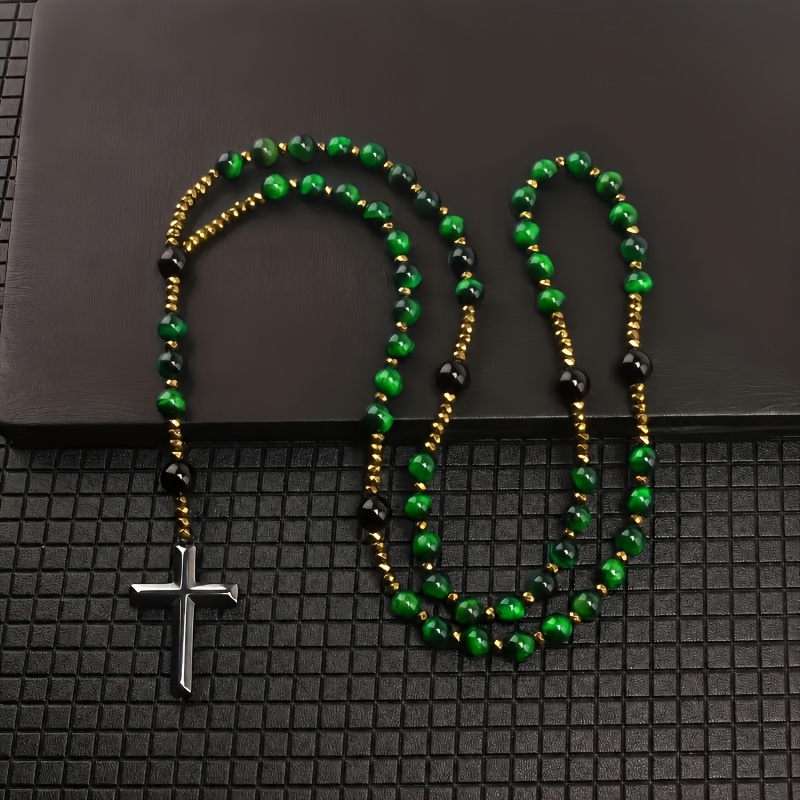 Blue Tiger Eye Cross Pendant Necklace, Unisex